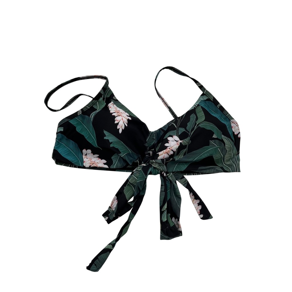 Tropical Floral Front Tie Bikini Top XL Black Green Palm Leaf Swimwear